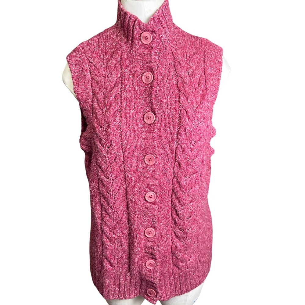 LL Bean Cable Knit Sweater Vest Womens L Pink Button Front Mock‎ Neck Wool Blend